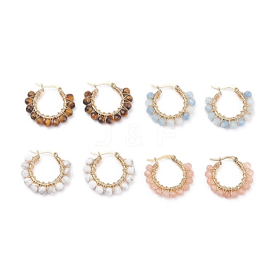 Faceted Round Natural Stone Beads Huggie Hoop Earrings for Girl Women EJEW-JE04687-1