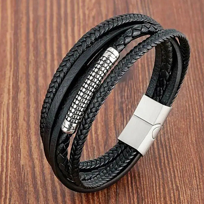 Braided Black Imitation Leather Multi-Strand Bracelets with 316L Stainless Steel Magnetic Clasps for Men WGFAA79-01-1