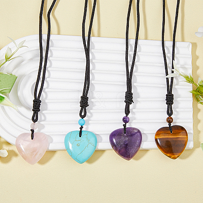 4Pcs 4 Style Heart Natural & Synthetic Mixed Gemstone Pendant Necklace with Nylon Cords NJEW-FI0001-50-1