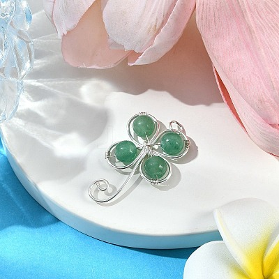 Copper Wire Wrapped Natural Green Aventurine Shamrock Pendants PALLOY-JF02945-04-1