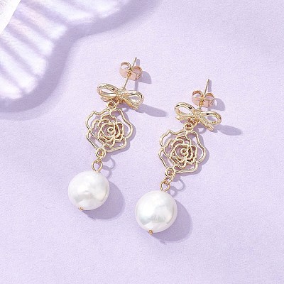 Natural Keshi Pearl Flower with Bowknot Dangle Stud Earrings EJEW-JE06726-1