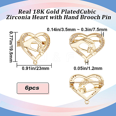 6Pcs Clear Cubic Zirconia Heart with Hand Brooch Pin JEWB-BBC0001-03-1