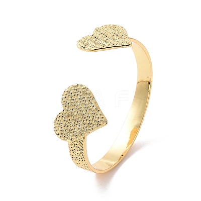 Brass Double Heart Open Cuff Bangle for Women BJEW-P280-01G-1