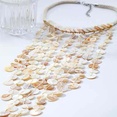 Resin Disc Long Tassel Cotton Rope Bib Necklaces with Alloy End Chains for Women FS-WG31146-01-1