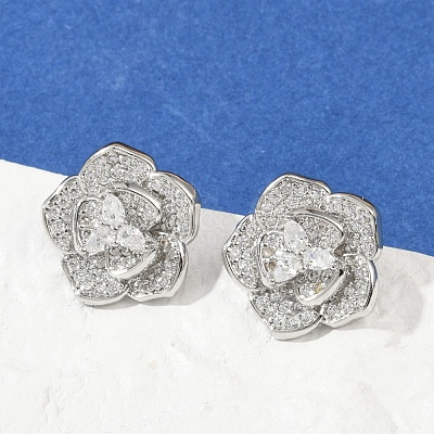 Flower Brass Micro Pave Clear Cubic Zirconia Stud Earrings EJEW-M082-19P-1