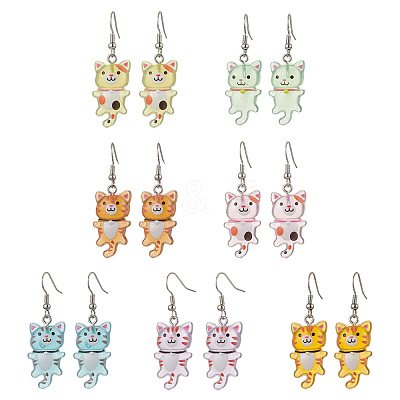 Iron Transparent Resin Cat Shape Dangle Earrings EJEW-JE06379-1