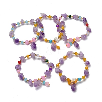 Nuggets Natural Amethyst Stretch Beaded Bracelets BJEW-H546-01-1