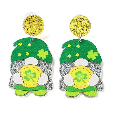 Saint Patrick's Day Sparkling Acrylic Dangle Stud Earrings EJEW-P243-A05-1