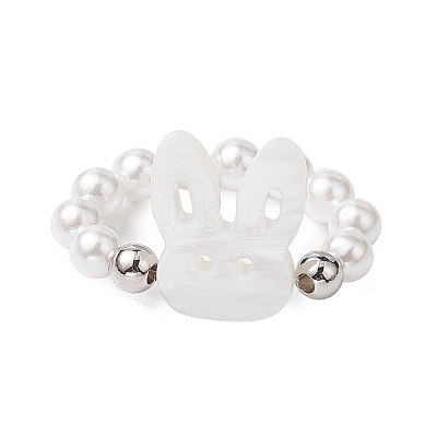 Round Shell Pearl & Brass Beads Stretch Rings RJEW-JR00689-02-1