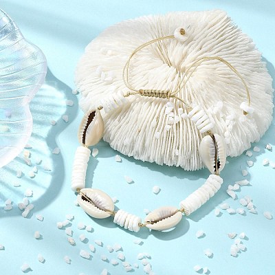 Cowrie Shell & Natural White Shell Beaded Adjsutable Bracelets BJEW-JB13918-1