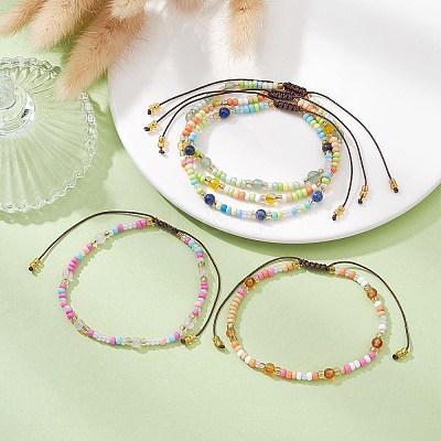Natural Mixed Gemstone & Glass Seed Braided Bead Bracelet BJEW-JB09530-1