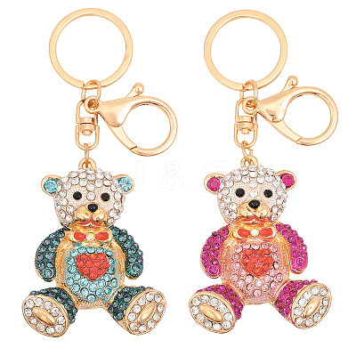 2Pcs 2 Colors Cartoon Heart Bear Rhinestone Pendant Keychain KEYC-CA0001-47-1