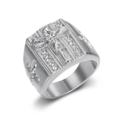 Cross with Jesus Pattern 304 Stainless Steel with Crystal Rhinestone Finger Rings for Men FS-WG78AD7-09-1