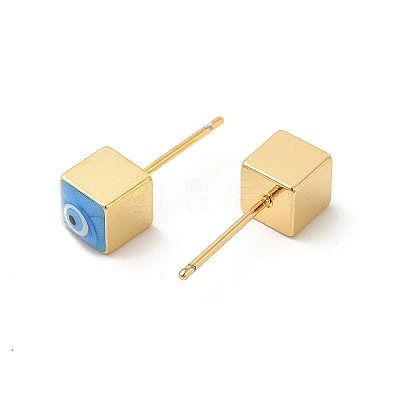 Long-Lasting Plated Cube with Enamel Evil Eye Stud Earring EJEW-E272-01G-1