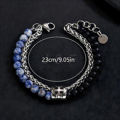 Natural Blue Spot Jasper and Frosted Obsidian Round Beaded 2-Strand Bracelets with 201 Stainless Steel Wheat Chains for Men Women NT5911-2-1