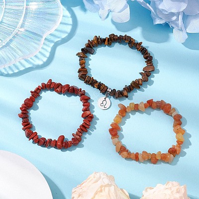 3Pcs 3 Styles Natural Red Aventurine & Red Jasper & Tiger Eye Chips Stretch Bracelets Sets BJEW-JB11076-07-1