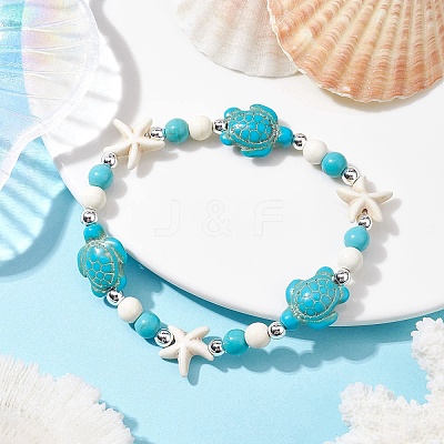 Turtle & Starfish Synthetic Turquoise Beaded Stretch Bracelet BJEW-JB09968-02-1