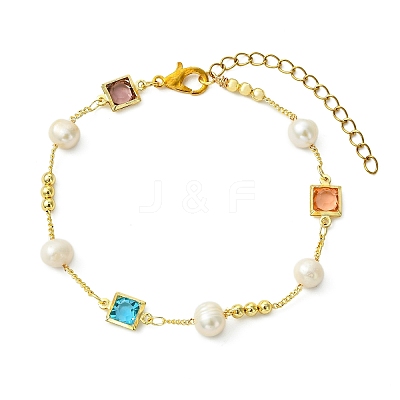 Brass & Glass & Natural Cultured Freshwater Pearl Link Bracelets for Women BJEW-JB14104-1
