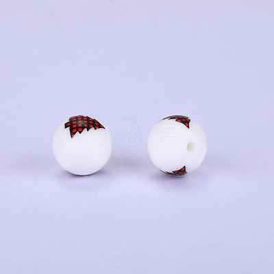 Christmas Printed Round with Christmas Tree Pattern Silicone Focal Beads SI-JX0056A-121-1