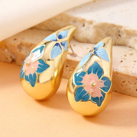 Elegant Teardrop with Flower Pattern Alloy Stud Earrings HV4164-1-1