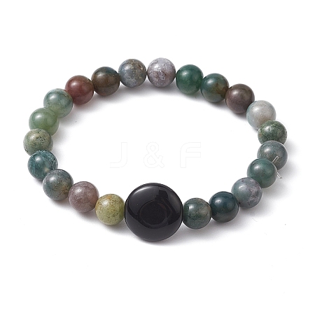 8mm Round Natural Indian Agate & Flat Round Black Onyx(Dyed & Heated) Beaded Stretch Bracelets for Women BJEW-JB10794-1