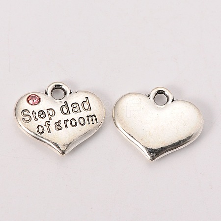 Wedding Theme Antique Silver Tone Tibetan Style Alloy Heart with Step Dad of Groom Rhinestone Charms LS-TIBEP-N005-23B-1