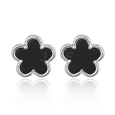 925 Silver Black Agate Flower Stud Earrings JT8400-2-1