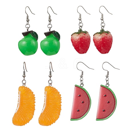 4 Pairs 4 Styles Resin Fruit Dangle Earrings EJEW-TA00580-1