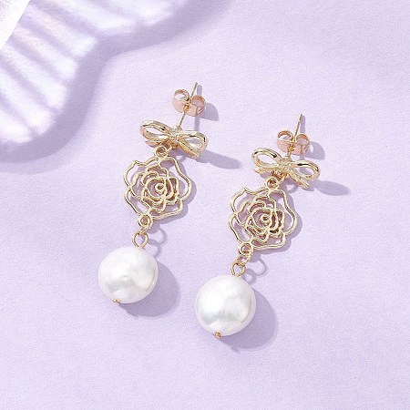 Natural Keshi Pearl Flower with Bowknot Dangle Stud Earrings EJEW-JE06726-1