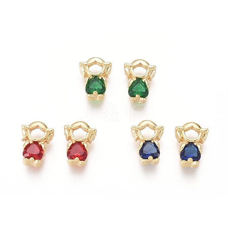  Jewelry Beads Findings Golden Plated Brass Charms, with Cubic Zirconia, Girl, Mixed Color, 11x8x3.5mm, Hole: 1x2.5mm