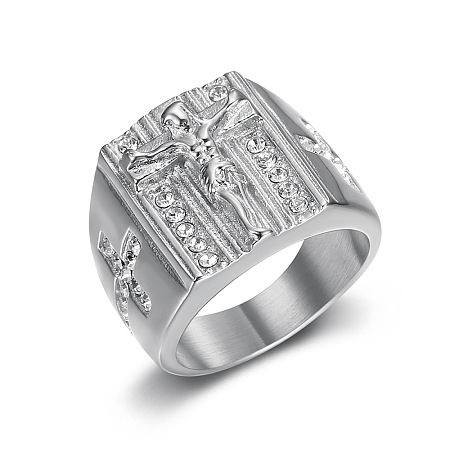 Cross with Jesus Pattern 304 Stainless Steel with Crystal Rhinestone Finger Rings for Men FS-WG78AD7-09-1
