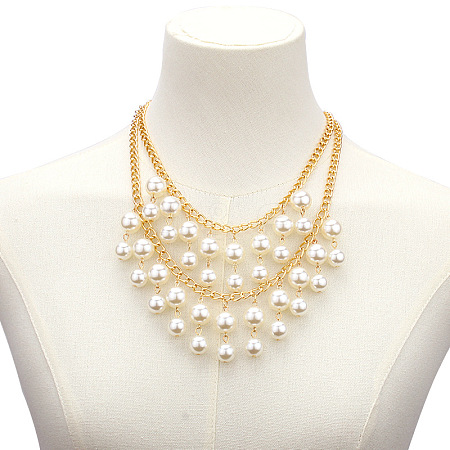 Alloy & Plastic Imitation Pearl Round Beaded Double Layer Tassel Bib Necklaces for Women FS-WG430C8-03-1