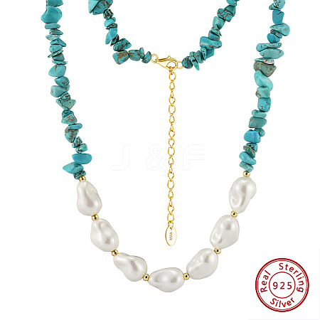 Natural Turquoise Chip & Nuggets Shell Pearl Beaded Necklaces NJEW-L125-007G-1