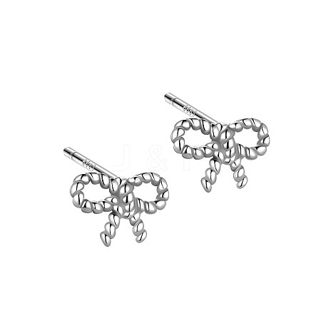 Anti-Tarnish Rhodium Plated Rope Bowknot 999 Sterling Silver Stud Earrings for Women EJEW-S215-14P-1