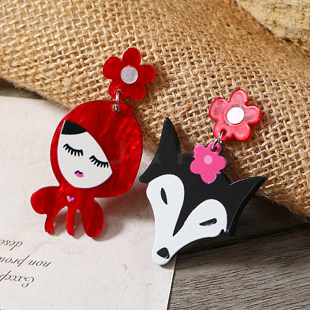 Cute Red Riding Hood and Fox Acrylic Dangle Stud Earrings UN9858-1