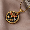 316 Surgical Stainless Steel Enamel with Imitation Pearl Flat Round with Flower Pendant Necklaces for Women AK2795-2