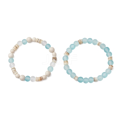 2Pcs 2 Styles Bohemia Style Natural Fossil & Freshwater Shell & Glass Beads Stretch Bracelets for Women BJEW-JB11865-1
