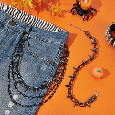 Punk Exaggerated Alloy Cable Necklaces & Aluminum & Iron Spike Rivet Tassel Chains Belt Jewelry Sets SJEW-AR0001-02-1