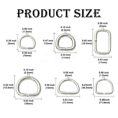 60Pcs 6 Styles 304 Stainless Steel D Rings STAS-CJ0003-36-1