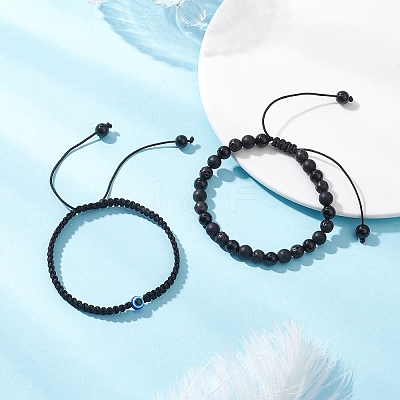 2Pcs 2 Styles Natural Black Onyx & Black Agate & Synthetic Lava Rock Beads Braided Bead Bracelets for Women BJEW-JB12591-1