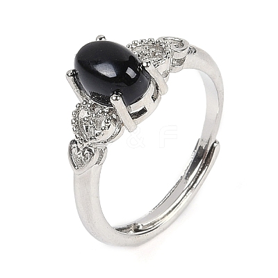 Oval Natural Dyed & Heated Black Agate Adjustable Rings RJEW-Q819-01P-09-1