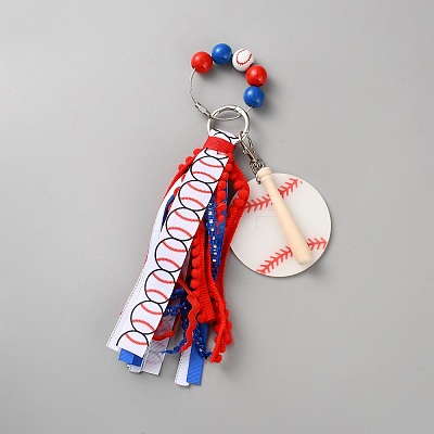 Baseball Polyester & Wood & Zinc Alloy & Acrylic Pendant Keychains KEYC-WH0036-59-1