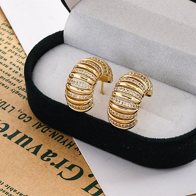 Rack Plating C-shaped Brass Micro Pave Clear Cubic Zirconia Stud Earrings for Women EJEW-C125-25G-1
