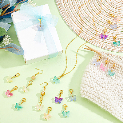 60Pcs 6 Colors Butterfly Glass Pendant Decorations HJEW-PH01944-1