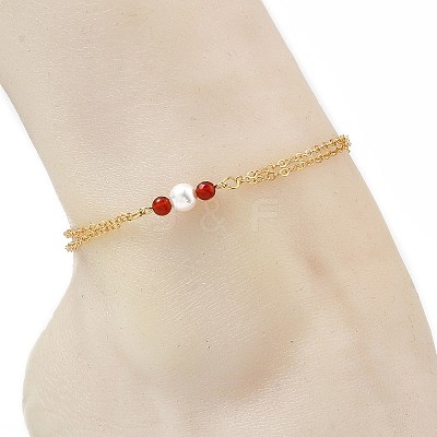 White Round Shell Pearl & Natural Carnelian Beads Anklets AJEW-AN00835-02-1