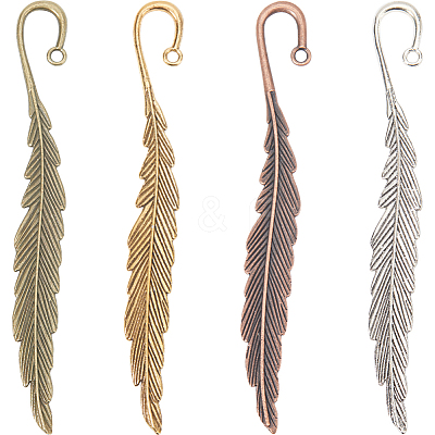 8Pcs 4 Style Feather Shape Tibetan Style Alloy Bookmarks Making AJEW-SC0002-56-1