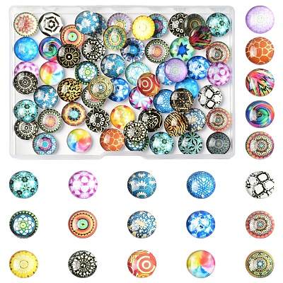 60Pcs Printed Glass Half Round Cabochons GGLA-FS0001-14-1
