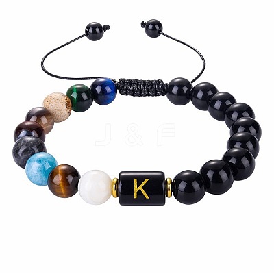 10MM Natural Black Obsidian Alphabet Beaded Braided Bracelets TO2319-11-1