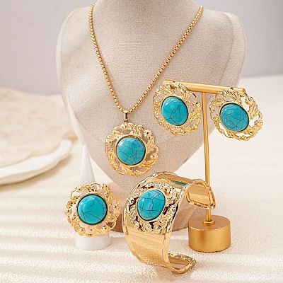 Round Alloy & Synthetic Turquoise Pendant Necklace & Stud Earring & Cuff Bangle & Rings Sets FS-WG9CCFC-01-1