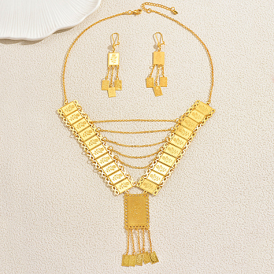 Vintage Brass Rectangle with Rose Tassel Earrings & Necklaces Sets for Women ZM7021-1